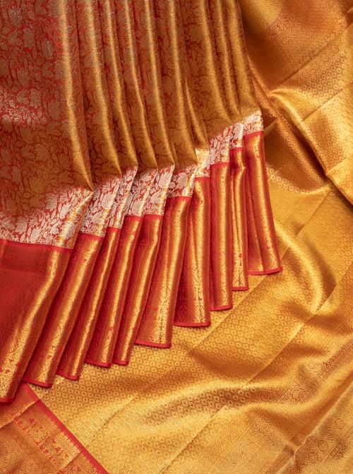 Gold and Red Tissue Brocade Pure Kanchipuram Wedding Silk Saree