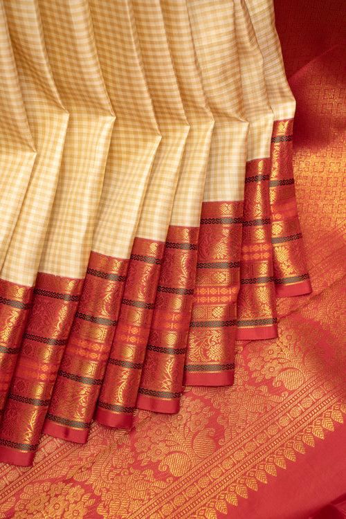 Beige and Tortilla Brown Checks Pure Kanchipuram Silk Saree