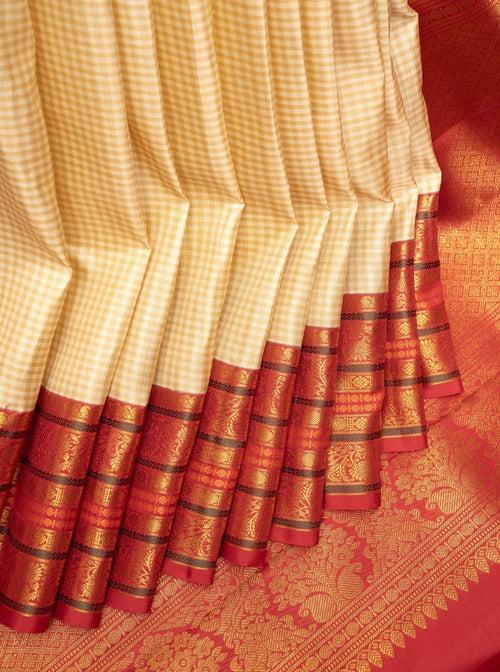 Beige and Tortilla Brown Checks Pure Kanchipuram Silk Saree