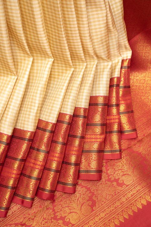 Beige and Tortilla Brown Checks Pure Kanchipuram Silk Saree