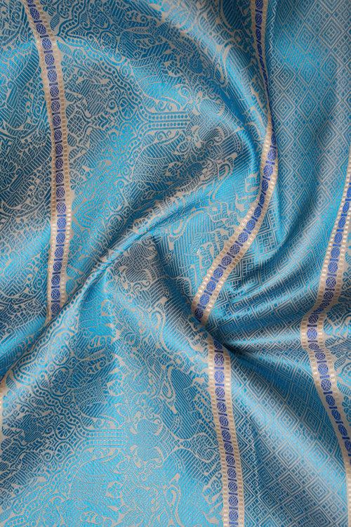 Beige and Blue Without Zari Pattu Pettu Pure Kanchipuram Silk Saree