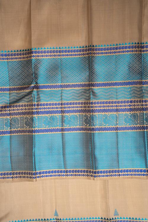 Beige and Blue Without Zari Pattu Pettu Pure Kanchipuram Silk Saree