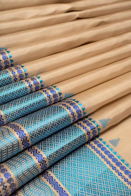 Beige and Blue Without Zari Pattu Pettu Pure Kanchipuram Silk Saree