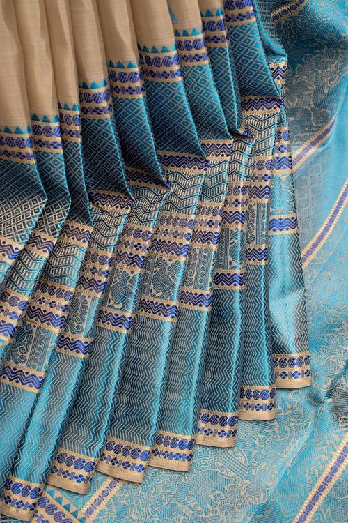 Beige and Blue Without Zari Pattu Pettu Pure Kanchipuram Silk Saree