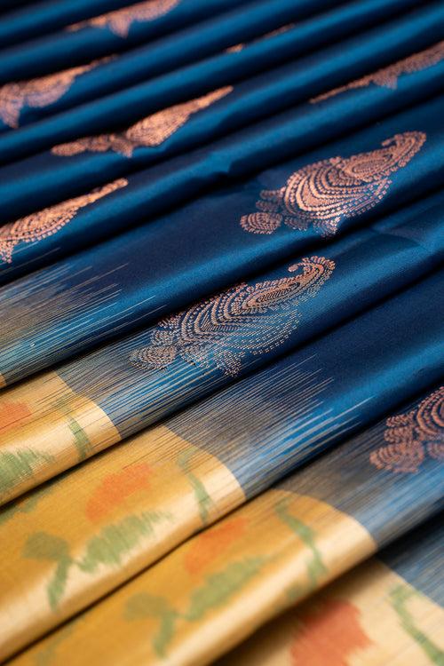 Sapphire Blue and Beige Pure Ikat Silk Saree