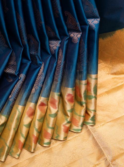 Sapphire Blue and Beige Pure Ikat Silk Saree