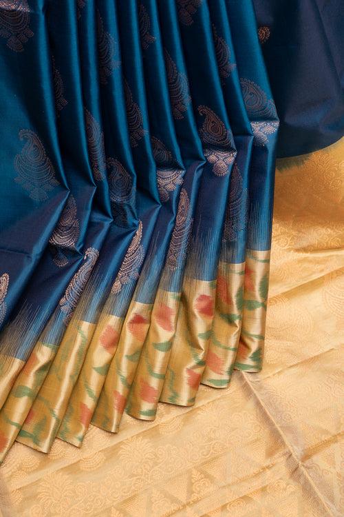 Sapphire Blue and Beige Pure Ikat Silk Saree