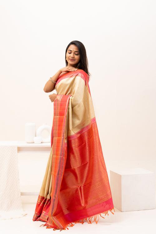 Ivory and Peach Pure Zari Kanchipuram Silk Saree