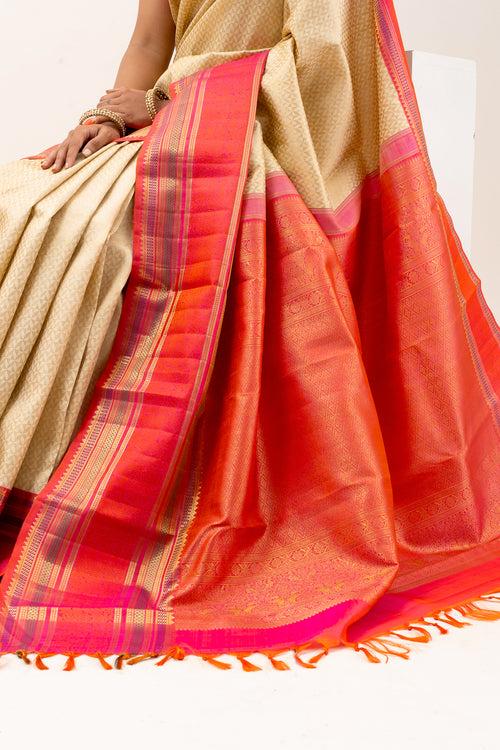 Ivory and Peach Pure Zari Kanchipuram Silk Saree