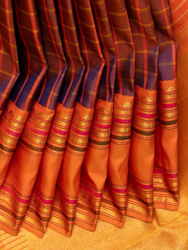 Purple and orange checks traditional pure Kanchipuram silk saree