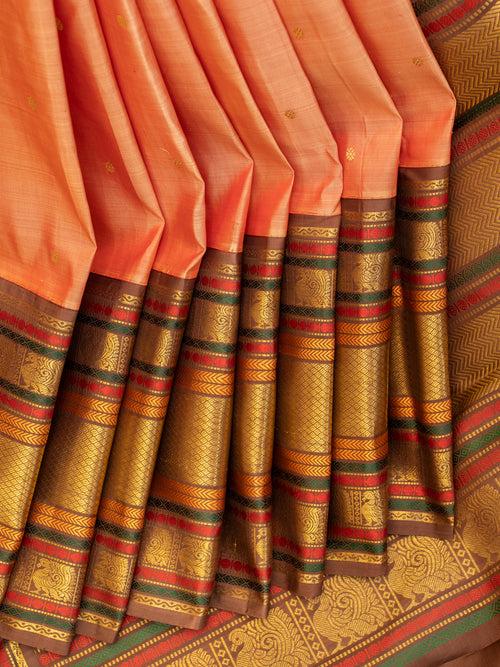 Peach and brown varisaipettu pure zari Kanchipuram silk saree