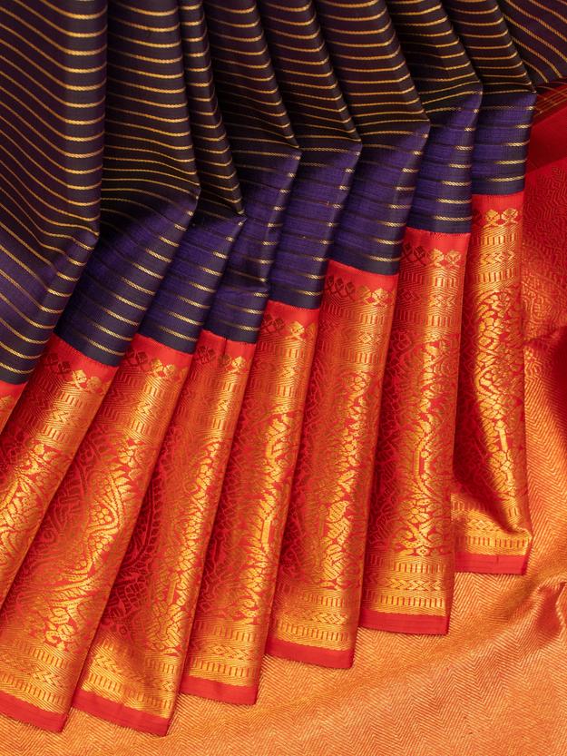 Vintage blue stripes and red paisley pure zari Kanchipuram silk saree