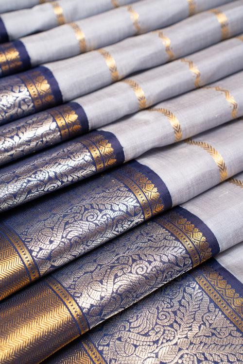 Silver Grey Stripes Pure Kanchipuram Silk Saree