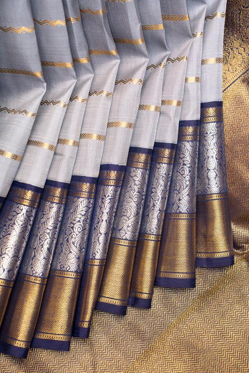 Silver Grey Stripes Pure Kanchipuram Silk Saree