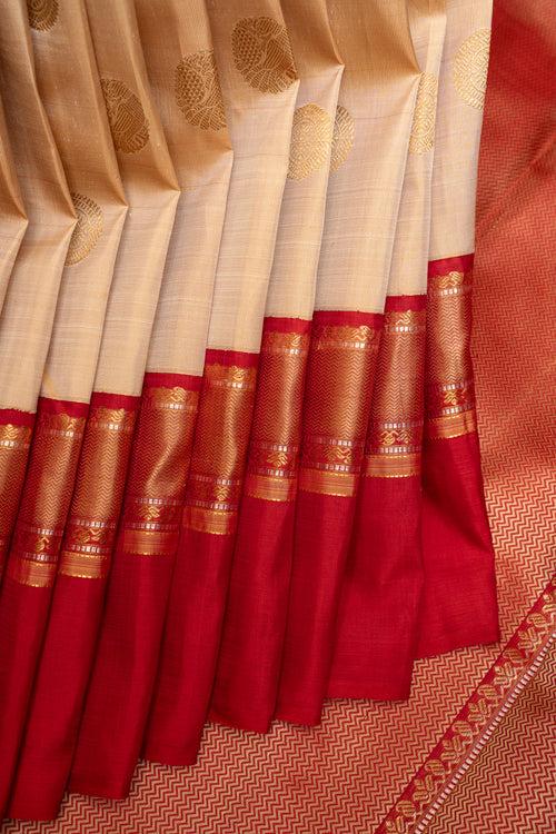 Beige and Red Pure Zari Kanchipuram Silk Saree