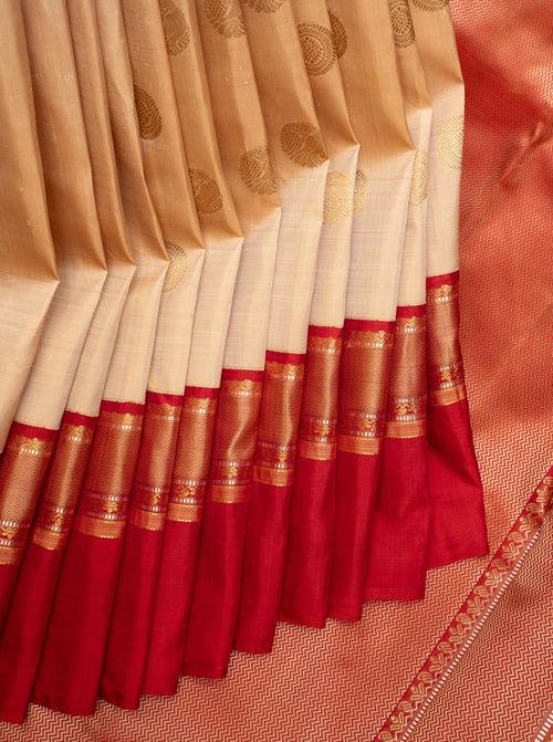 Beige and Red Pure Zari Kanchipuram Silk Saree