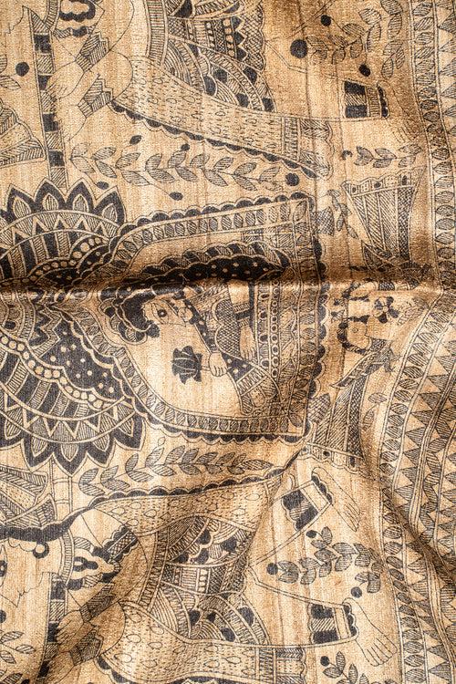 Mustard Madhubani Handprinted Pure Tussar Saree