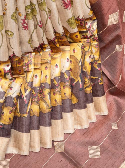 Beige and Brown Pichwai HandPrinted Pure Tussar Saree