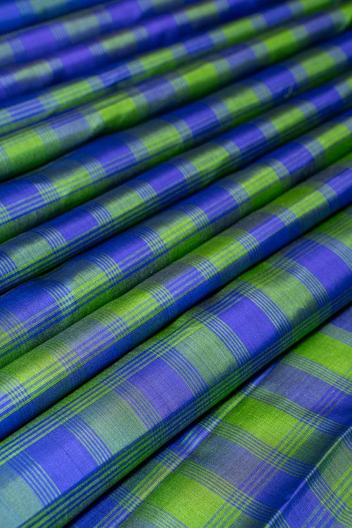 Blue and Green Multi Checks Pure Kanchipuram Silk Saree