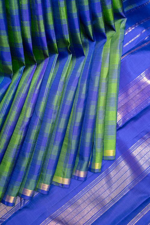 Blue and Green Multi Checks Pure Kanchipuram Silk Saree