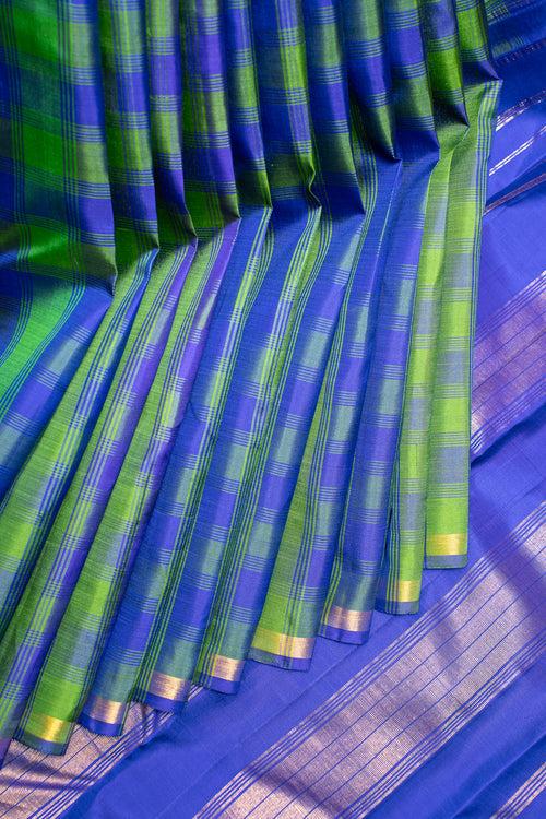 Blue and Green Multi Checks Pure Kanchipuram Silk Saree