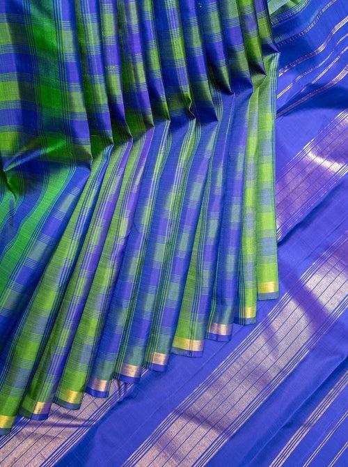 Blue and Green Multi Checks Pure Kanchipuram Silk Saree