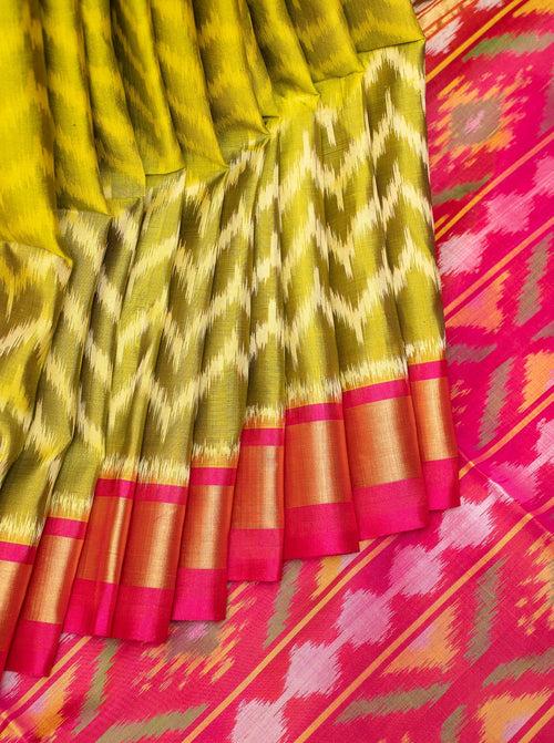 Lime Green and Magenta Pure Ikat Silk Saree