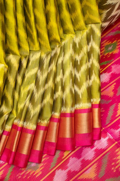 Lime Green and Magenta Pure Ikat Silk Saree