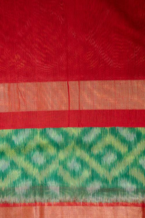 Emerald Green and Red Pure Ikat Silk Cotton Saree