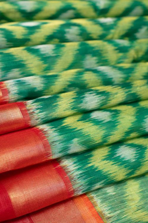 Emerald Green and Red Pure Ikat Silk Cotton Saree