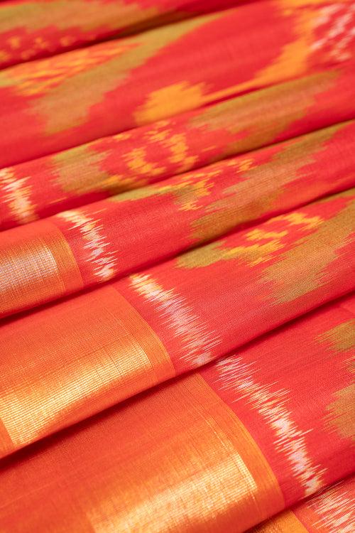 Red and Mustard Yellow Pure Ikkat Silk Cotton Saree