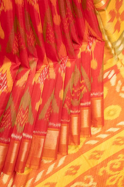 Red and Mustard Yellow Pure Ikkat Silk Cotton Saree