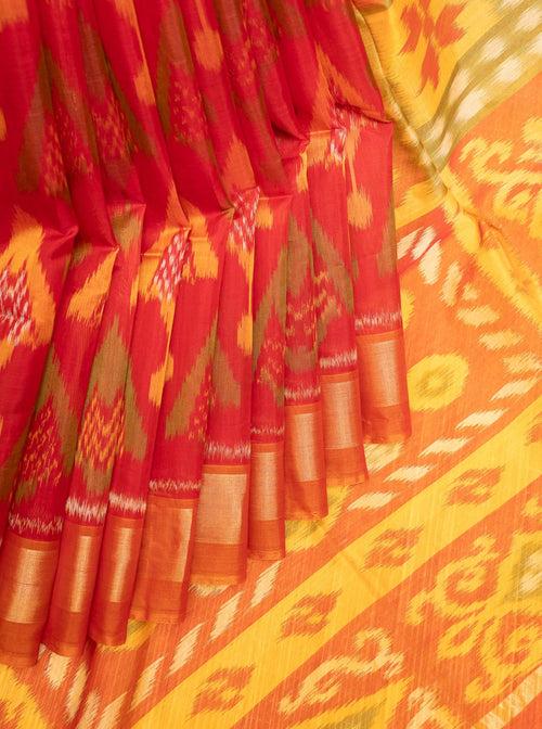 Red and Mustard Yellow Pure Ikkat Silk Cotton Saree