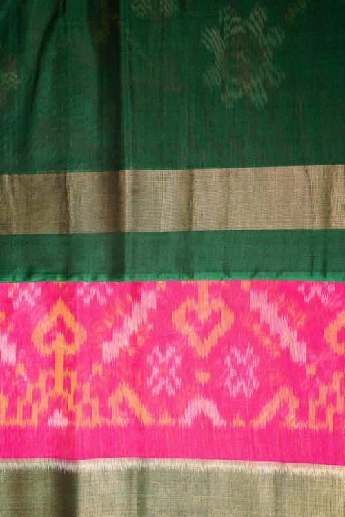 Rani Pink and Green Pure Ikat Silk Cotton Saree