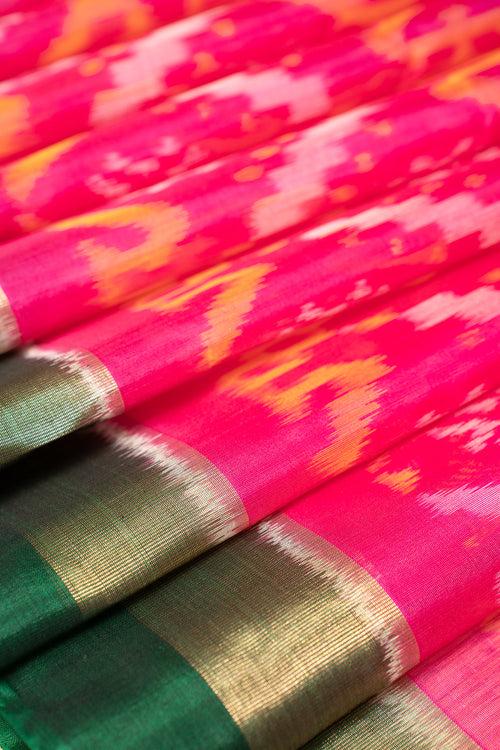 Rani Pink and Green Pure Ikat Silk Cotton Saree