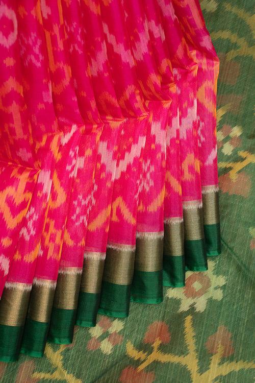 Rani Pink and Green Pure Ikat Silk Cotton Saree