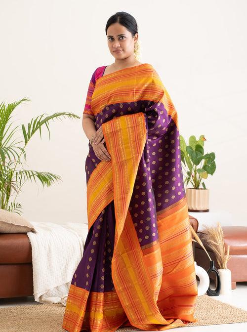 Aubergine Purple and Orange Pure Zari Kanchipuram Silk Saree