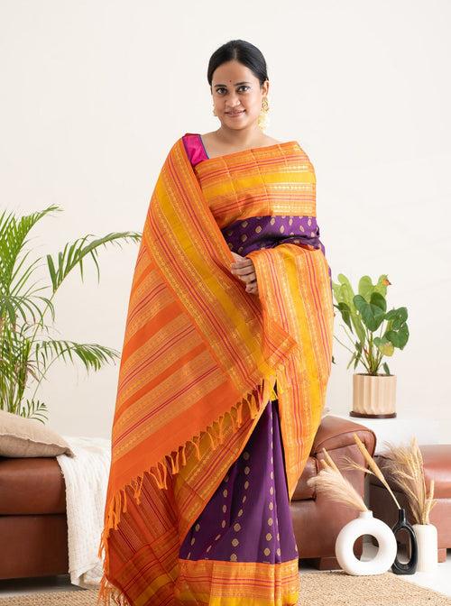 Aubergine Purple and Orange Pure Zari Kanchipuram Silk Saree