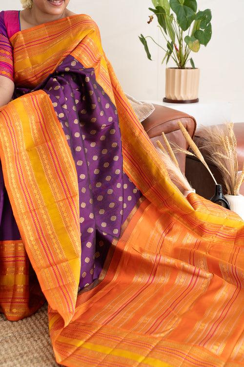 Aubergine Purple and Orange Pure Zari Kanchipuram Silk Saree