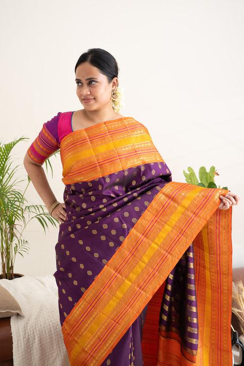 Aubergine Purple and Orange Pure Zari Kanchipuram Silk Saree