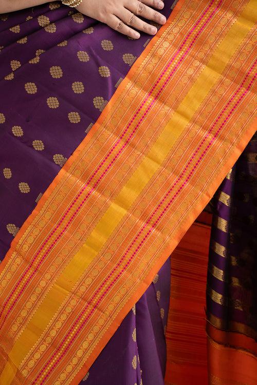 Aubergine Purple and Orange Pure Zari Kanchipuram Silk Saree