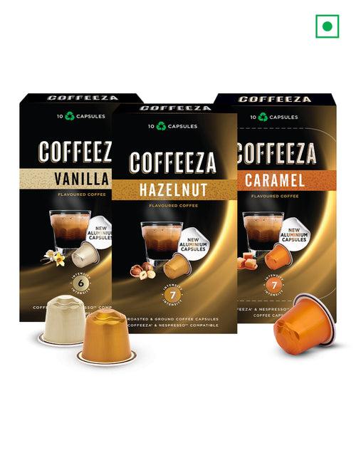 COFFEEZA Flavoured Variety Pack Hazelnut, Vanilla, Caramel Aluminium Coffee Capsules (30 Pods)