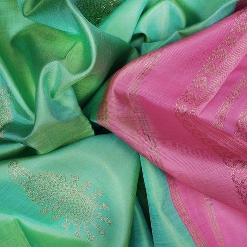 Handwoven Green with Pink Kanjivaram Silk Saree - 2394T010779DSC