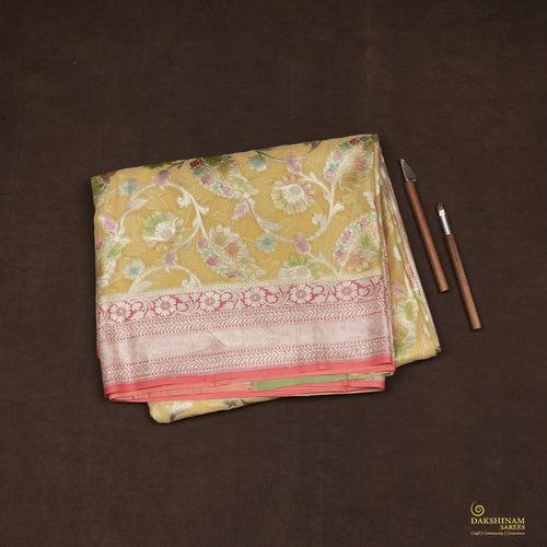 Handwoven Yellow with Peach Banarasi Khaddi georgette Silk Saree - 2400T009551DSC