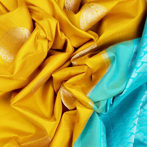 Handwoven Yellow with Blue Kanjivaram Silk Saree - 2016T009635DSC