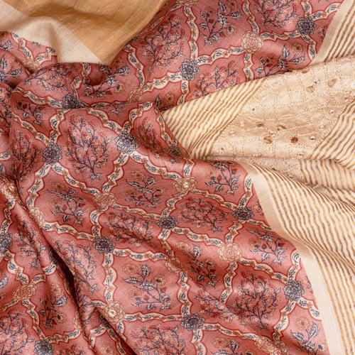 Handwoven Pink with Off-white Tussar Silk Saree - 2098T010281DSC