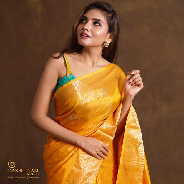 Handwoven Yellow Banarasi Silk Saree - 2354N028503DSC