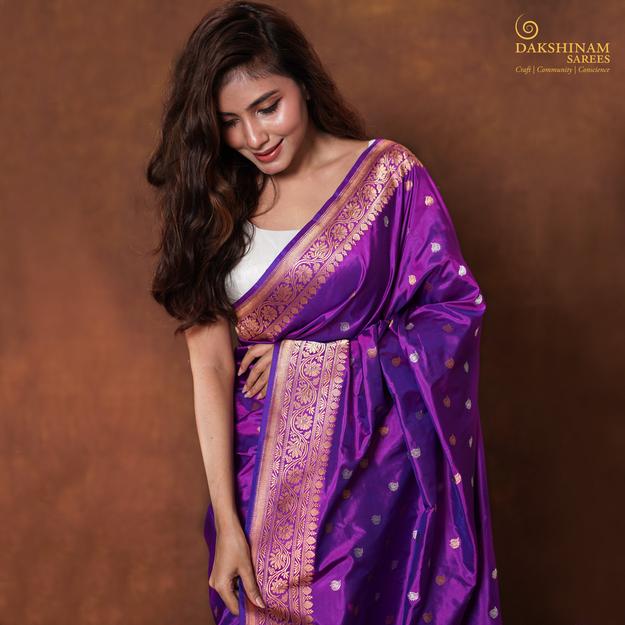 Handwoven Purple Banarasi Silk Saree - 2359N028515DSC