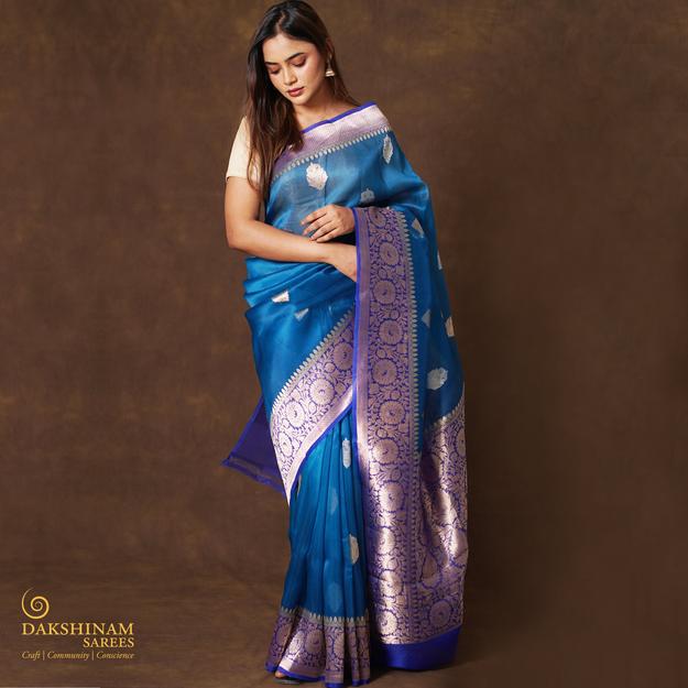 Handwoven Blue Banarasi Silk Organza Saree - 2355N028746DSC