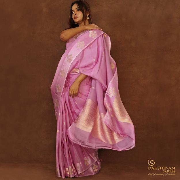 Handwoven Lavender Banarasi Silk Organza Saree - 2358N028764DSC